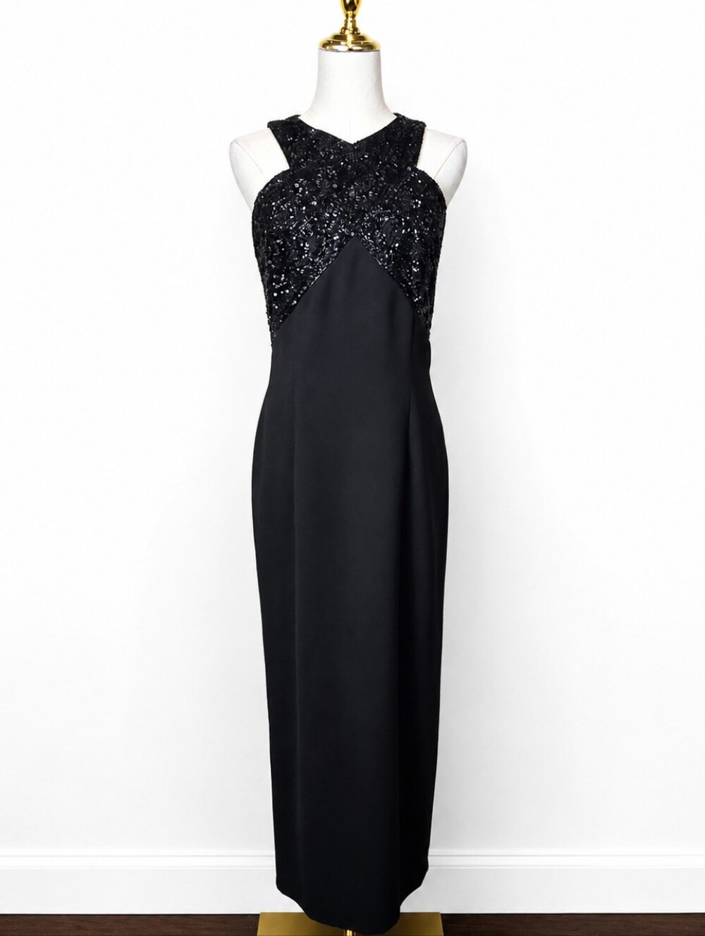 Vintage 90's Bella Diosa Beaded Black Column Gown 10 Old Hollywood Formal Gala